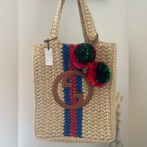 $3,600 New Authentic LARGE Gucci Blondie Straw Tote Bag Purse Beach Vacation